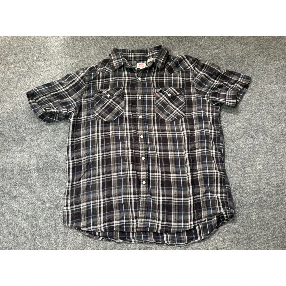 Levis Shirt Mens XL Black Plaid Pearl Snap Flannel Western Cowboy Rodeo 2 Pocket